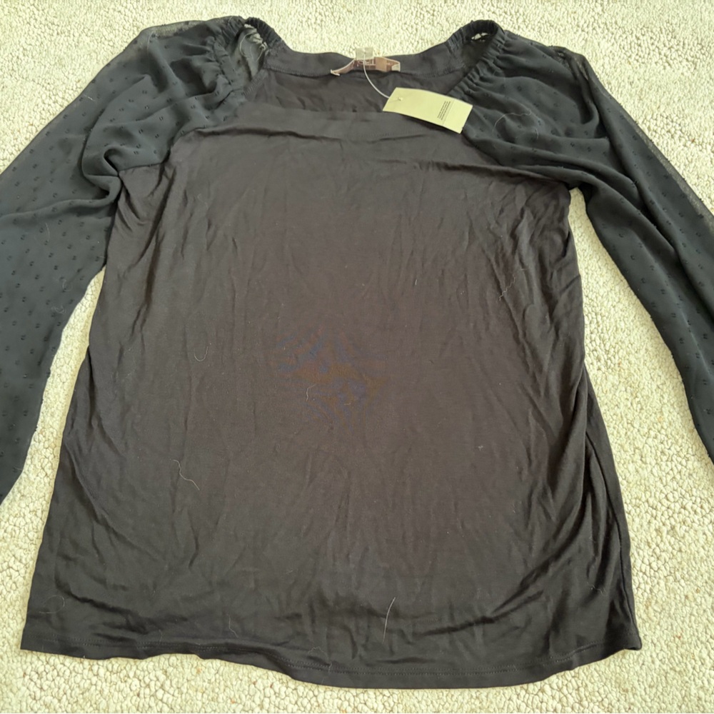 LOFT Women’s Black Long Sleeve Top with Sheer Sleeves Sz XSP